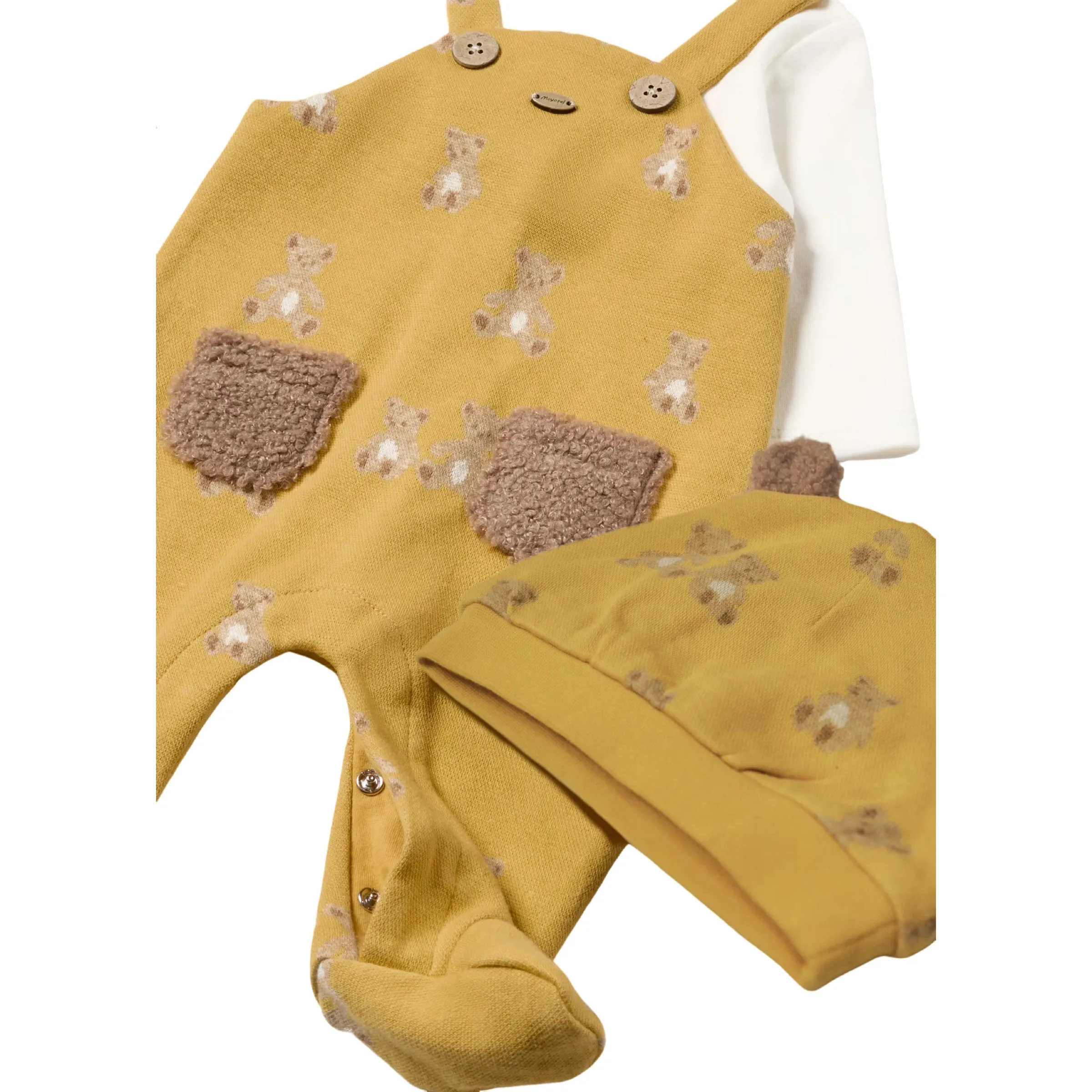 Yellow Bear Overalls Babygrow & Beanie