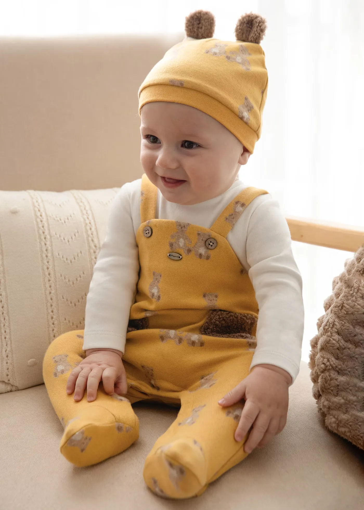 Yellow Bear Overalls Babygrow & Beanie